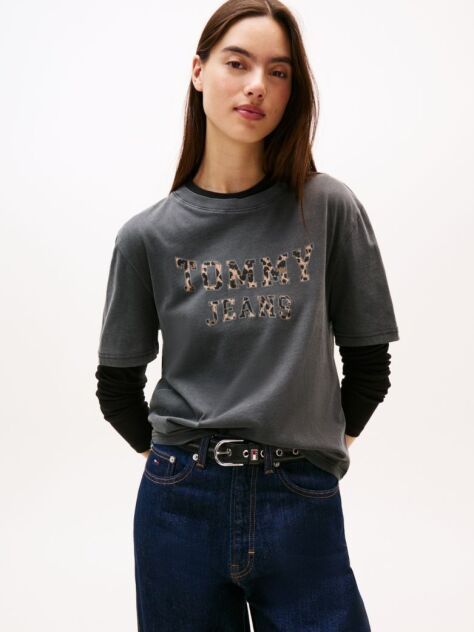Black Boxy Leopard Varsity Tee  Women