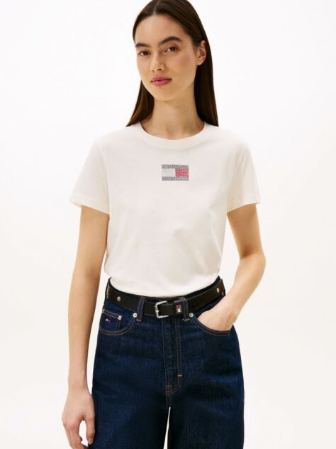 White Diamanté Flag Crew Neck T-Shirt  Women