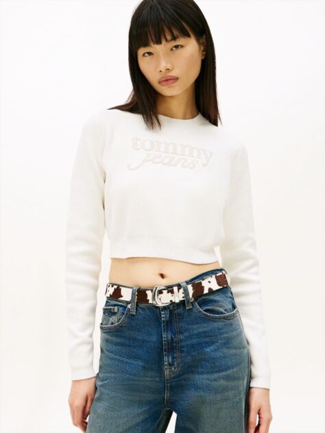 White Stitch Logo Chenille Slim Cropped Jumper  Women