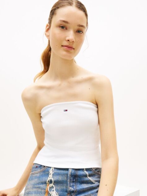 White Ribbed Slim Bandeau Top  Women