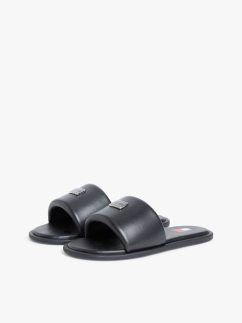 Black Leather Padded Strap Slides  Women