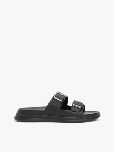 Black Leather Buckle Strap Sandals  Men