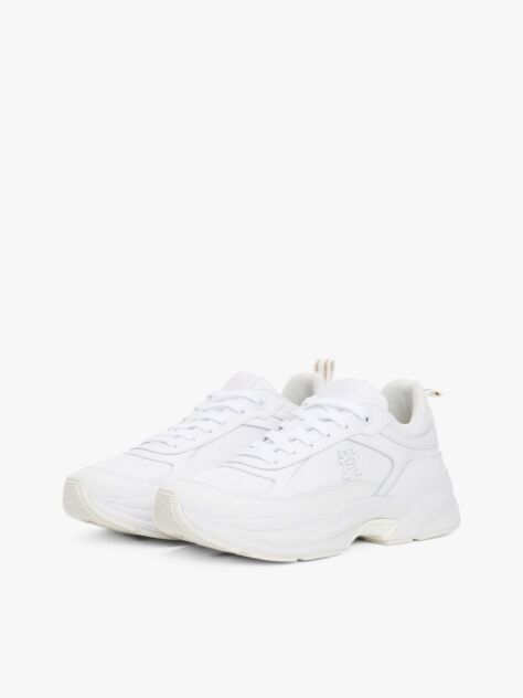 White Leather Mixed Texture Chunky Trainers  Women