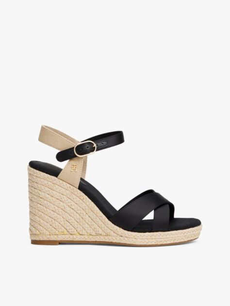 Black Satin Strap Espadrille Wedge Sandals  Women