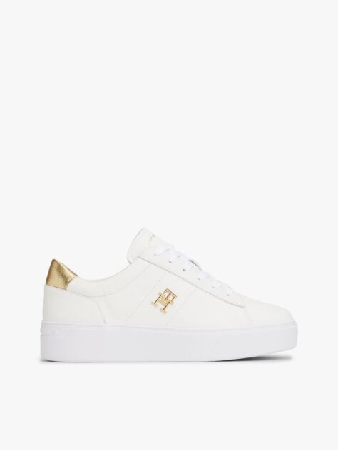 White Leather Platform Court Trainers  Women