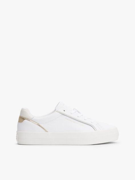 White Leather Metallic Embossed Trainers  Women