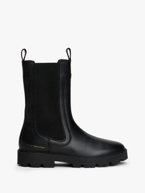 Black Leather Cleat Mid Chelsea Boots  Women