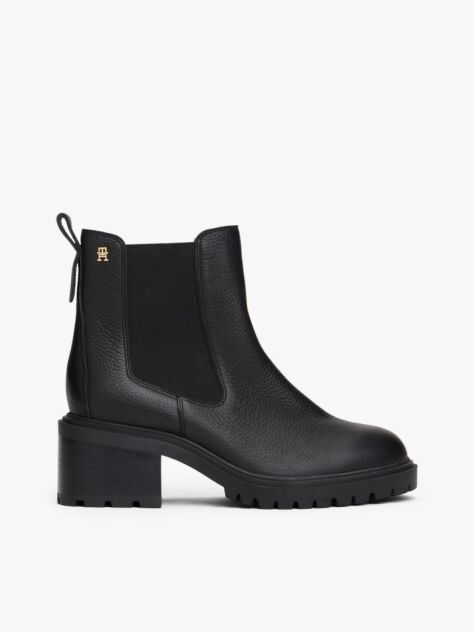 Black Leather Cleat Chelsea Boots  Women