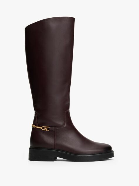 Brown Leather TH Monogram Horsebit Riding Boots  Women