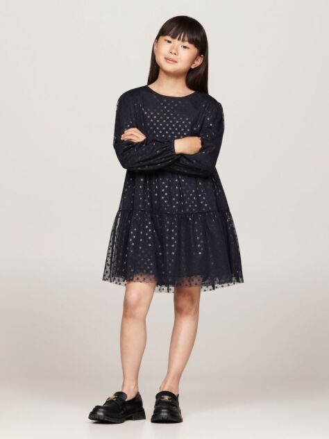 Black Metallic Star Mesh Flare Dress  Girls