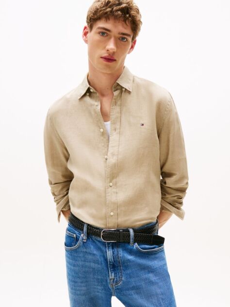 Beige Pigment Dyed Linen Regular Fit Shirt  Men