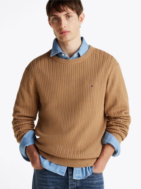 Brown Herringbone Knit Crew Neck Jumper  Men