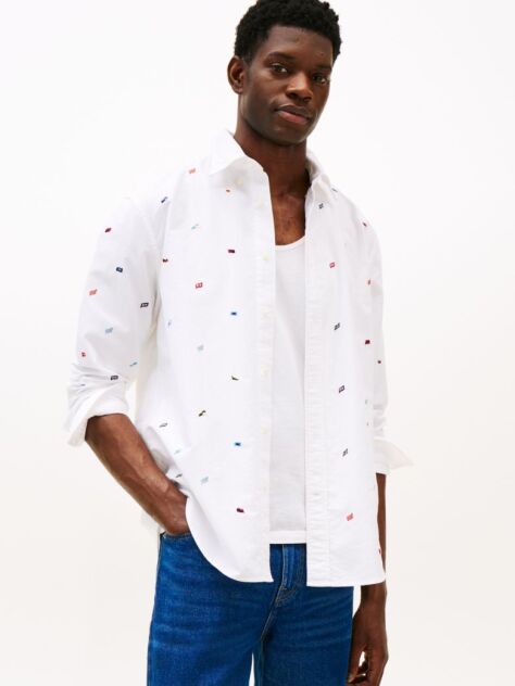 White Relaxed Fit Flag Embroidery Oxford Shirt  Men