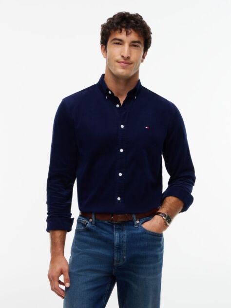 Blue Regular Fit Flag Embroidery Corduroy Shirt  Men