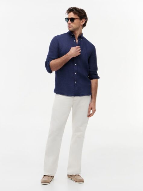 Blue Regular Fit Washed Pure Linen Shirt  Men