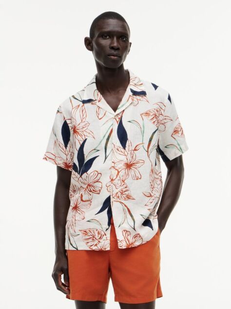 Multi Regular Tropical Print Linen Short Sleeve Shirt  Men