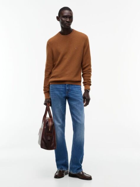 Brown Textured Crew Neck Jumper With Cashmere  Men
