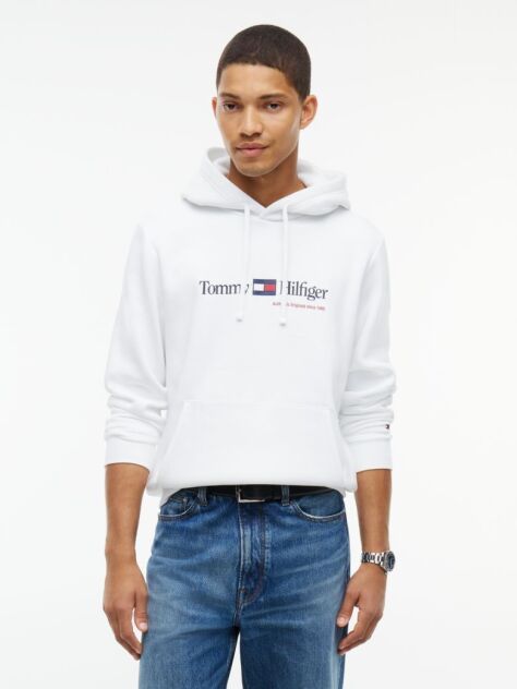 White Logo Fleece Drawstring Hoody  Men