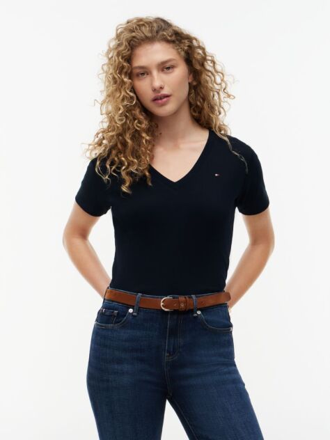 Blue Ribbed V-Neck Slim Fit T-Shirt  Women