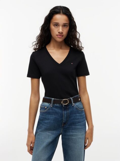 Black Ribbed V-Neck Slim Fit T-Shirt  Women