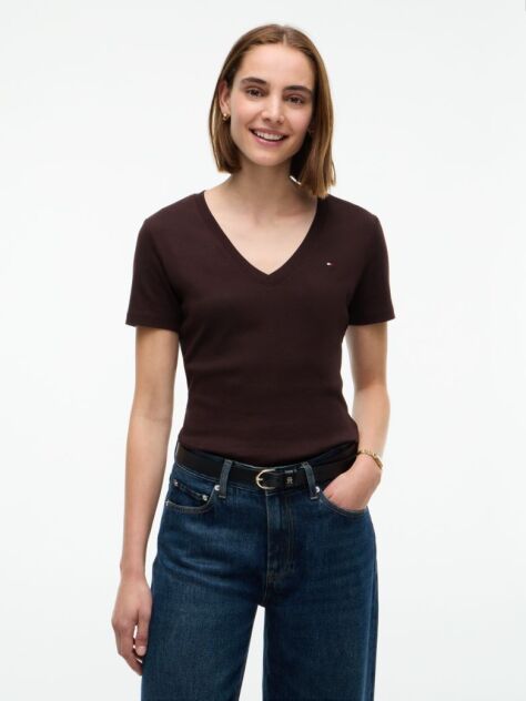 Brown Ribbed V-Neck Slim Fit T-Shirt  Women