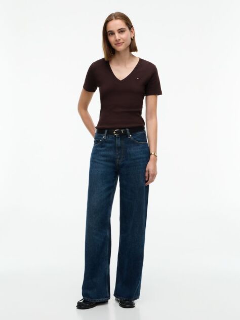 Brown Ribbed V-Neck Slim Fit T-Shirt  Women