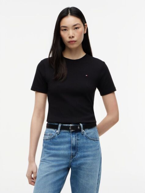 Black Flag Embroidery Ribbed Slim T-Shirt  Women
