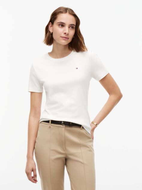 White Flag Embroidery Ribbed Slim T-Shirt  Women
