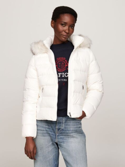 White Faux Fur Trim Down Jacket  Women