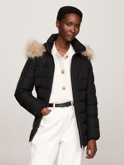 Black Faux Fur Hooded Down Jacket  Women