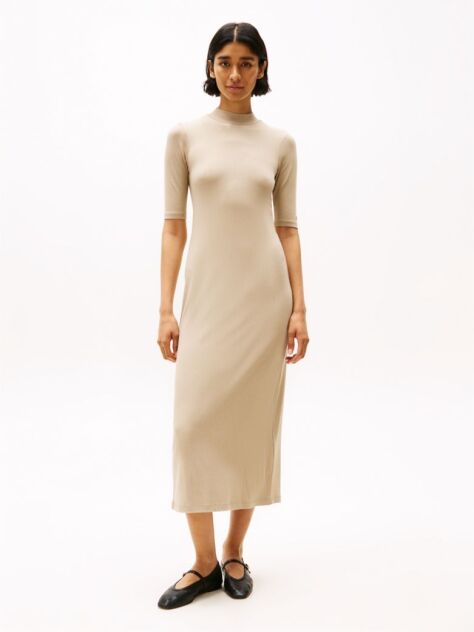 Beige Ribbed Slim Midi Bodycon Dress  Women