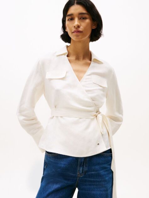 White Relaxed Fit Linen Blend Wrap Blouse  Women