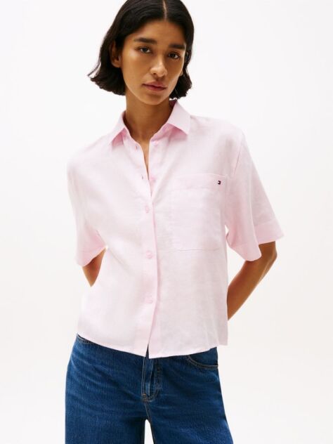 Pink Relaxed Fit Short Sleeve Linen Shirt  Women
