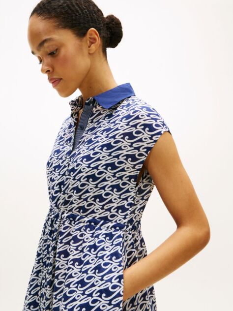 Blue Print Voile Midi Shirt Dress With Silk  Women