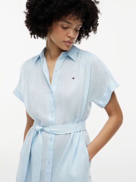 Blue Belted Relaxed Pure Linen Shirt Dress  Women