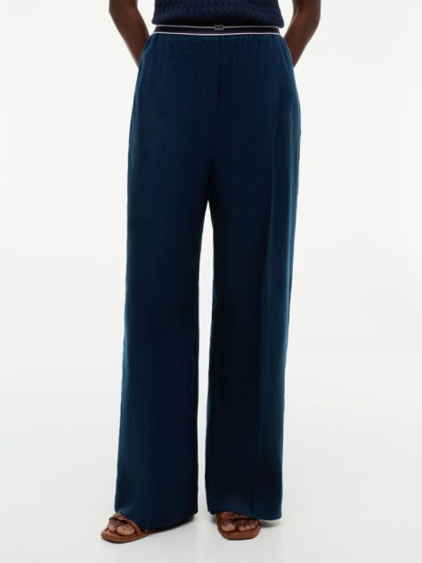 Blue Pure Linen Twill Straight Trousers  Women