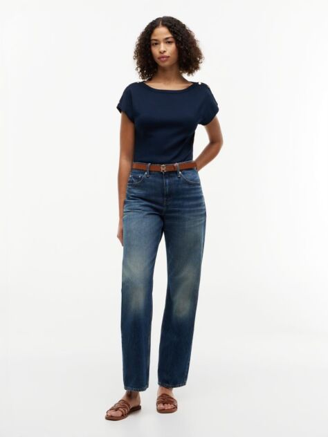 Blue Gold-Tone Button Boat Neck T-Shirt  Women