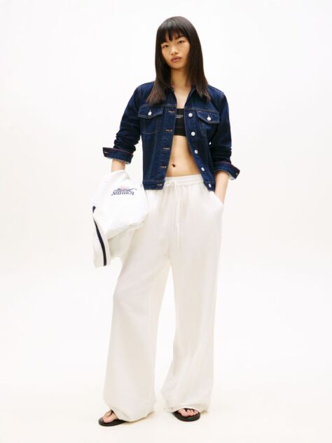 White Loose Linen Blend Drawstring Trousers  Women