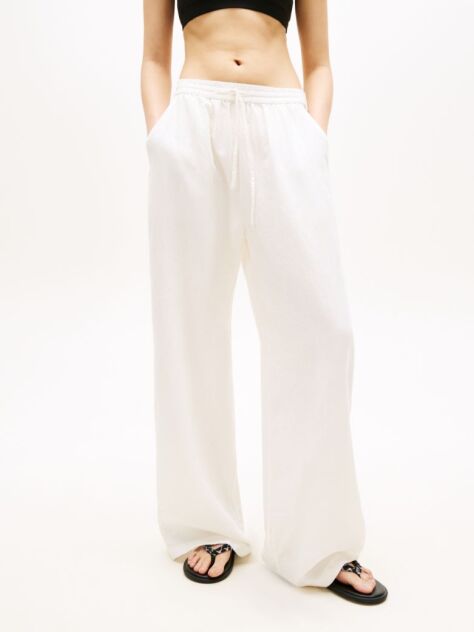 White Loose Linen Blend Drawstring Trousers  Women