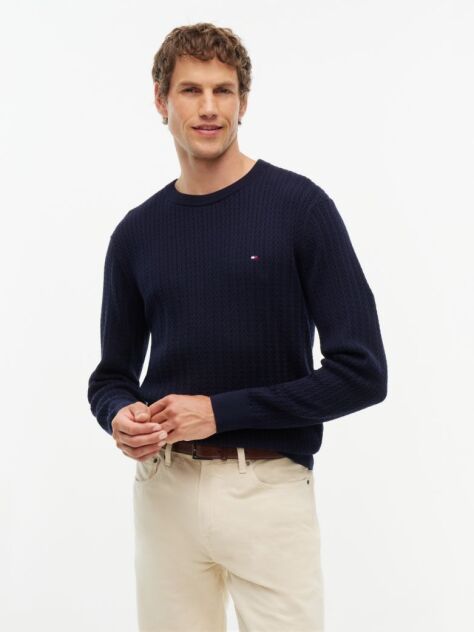Blue Herringbone Knit Crew Neck Jumper  Men