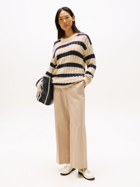 Beige Pressed Wide Leg Ankle Chinos  Women