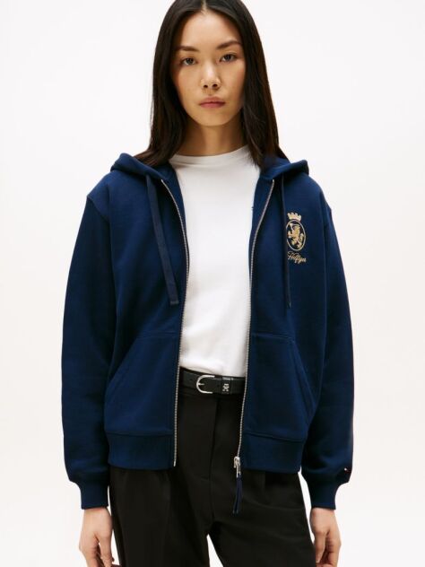 Blue TH Crest Embroidery Gold-Tone Zip-Thru Hoody  Women
