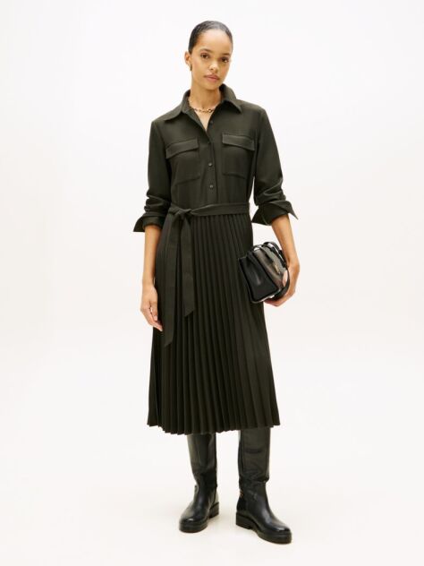 Green Pleated Relaxed Midi Shirt Dress  Women