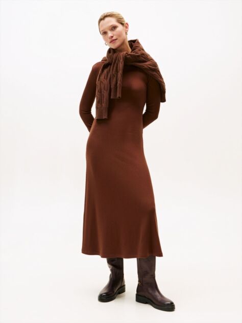 Brown Ribbed Midi Fit And Flare Dress  Women