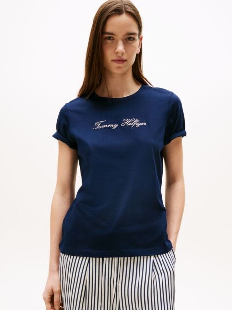 Blue Logo Embroidery Crew Neck T-Shirt  Women