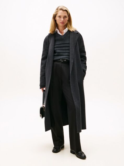 Grey Double-Faced Wool Blend Belted Longline Coat  Women