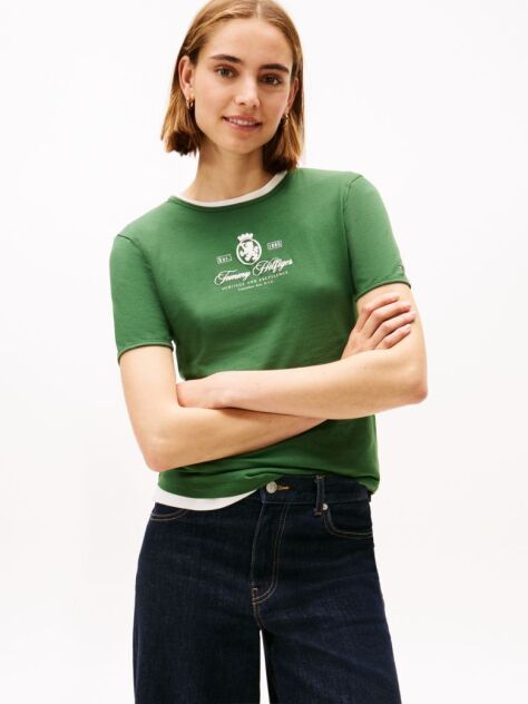 Green Varsity Crest Slim Short Sleeve Tee  Women