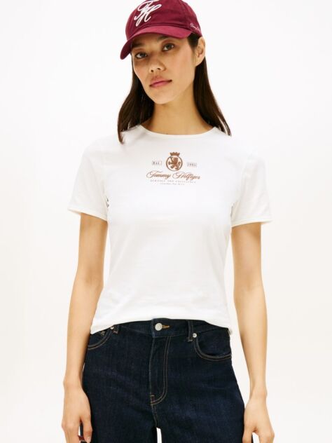 Beige Varsity Crest Slim Short Sleeve Tee  Women