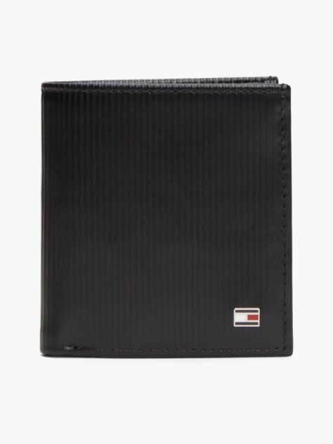 Black Hilfiger Flag Trifold Ribbed Leather Wallet  Men
