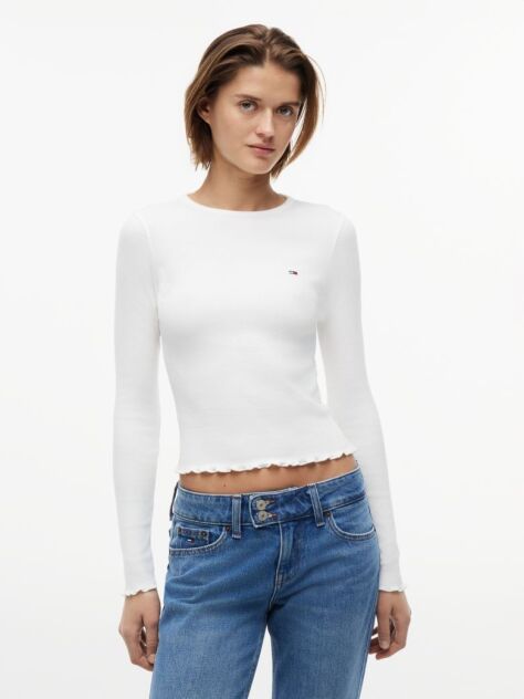 White Ribbed Ruffle Slim Long Sleeve T-Shirt  Women